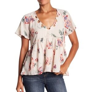 Lucky Brand Floral Babydoll Top Cream Pink Crinkle Cutout Neck Blouse Large